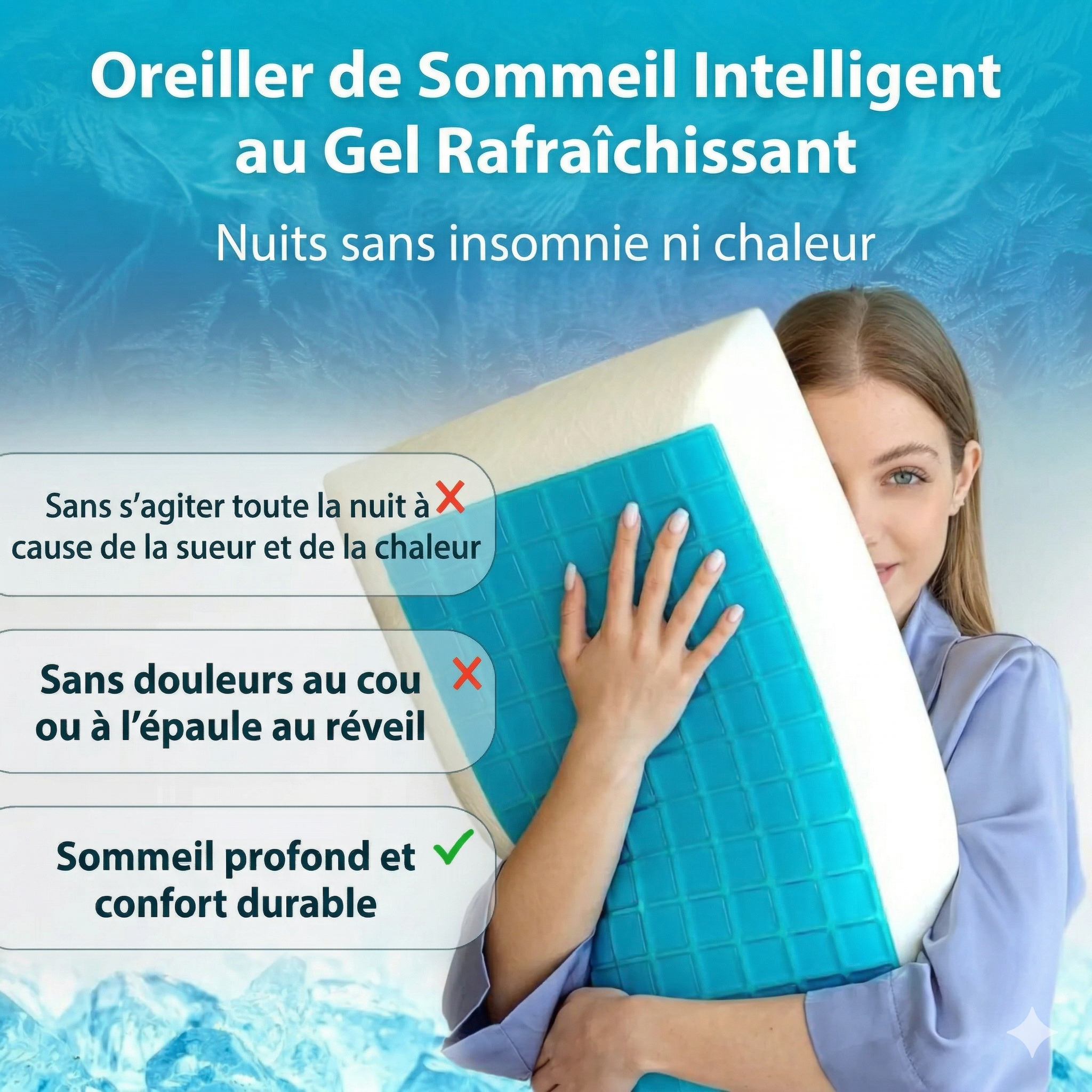 Oreiller à mémoire de forme avec une couche de gel rafraîchissant