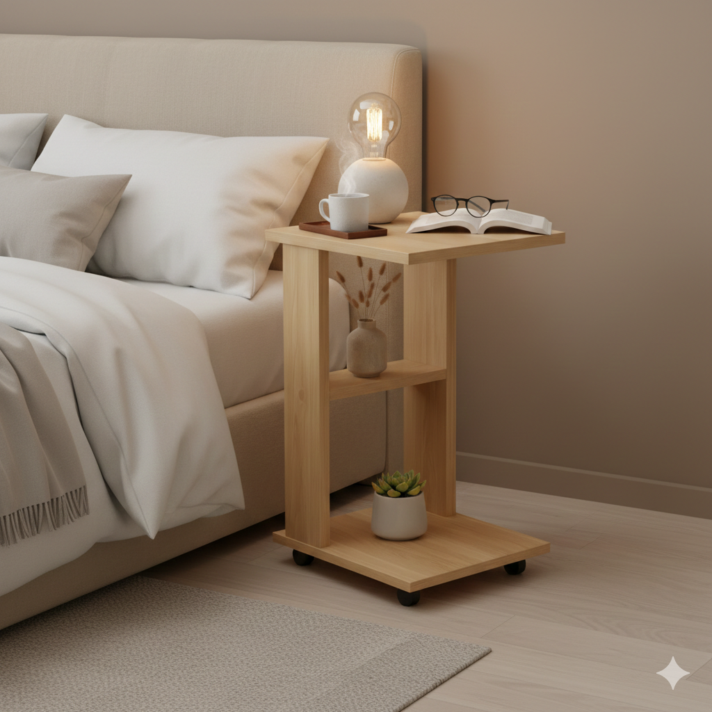 La table en bois sur roulettes