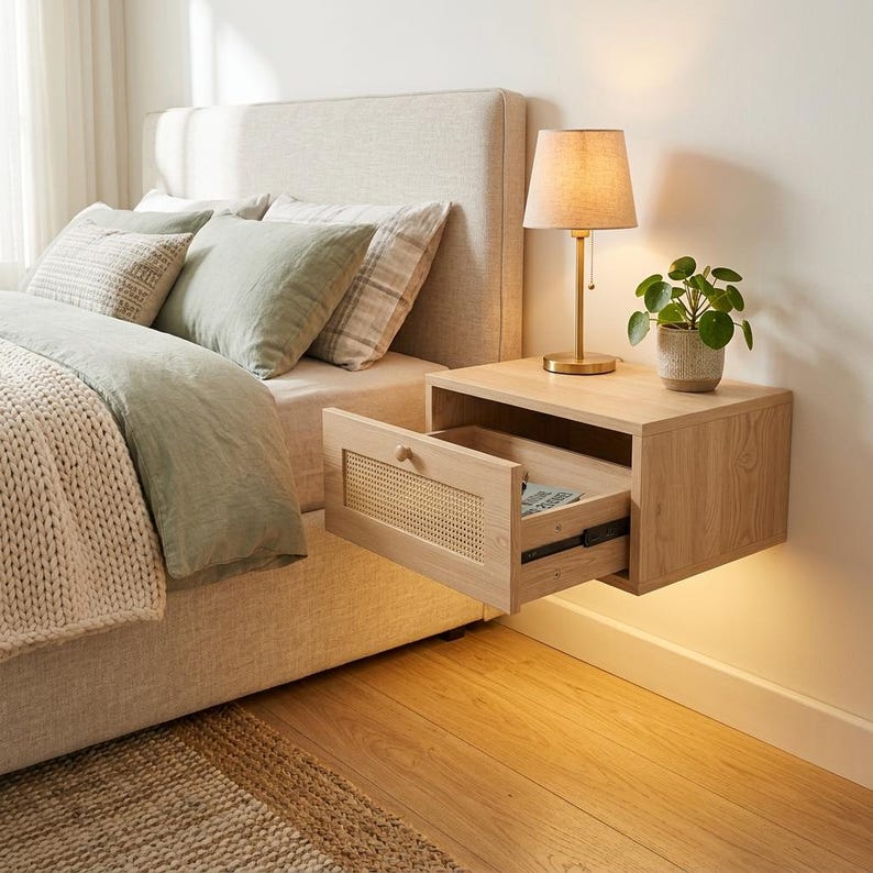 Table de chevet flottante en bois avec tiroir